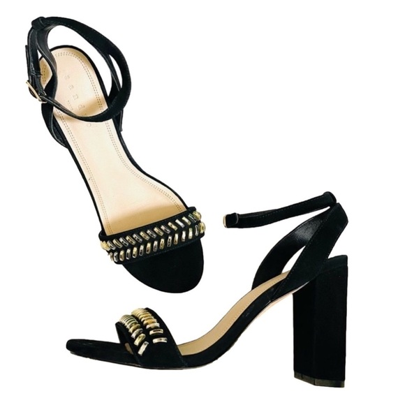 SANDRO PARIS Black Suede Sandals Gina Block Heels Studded Size 39 US 8.5 - Picture 1 of 11